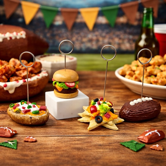 Super Bowl Food Label Holders Set 4 –Burger Nachos Potato Skins Football Cake